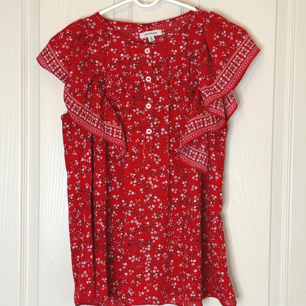 Max Studio Red Floral Flutter Sleeve Button Front Top‎ Women Size S Prairie